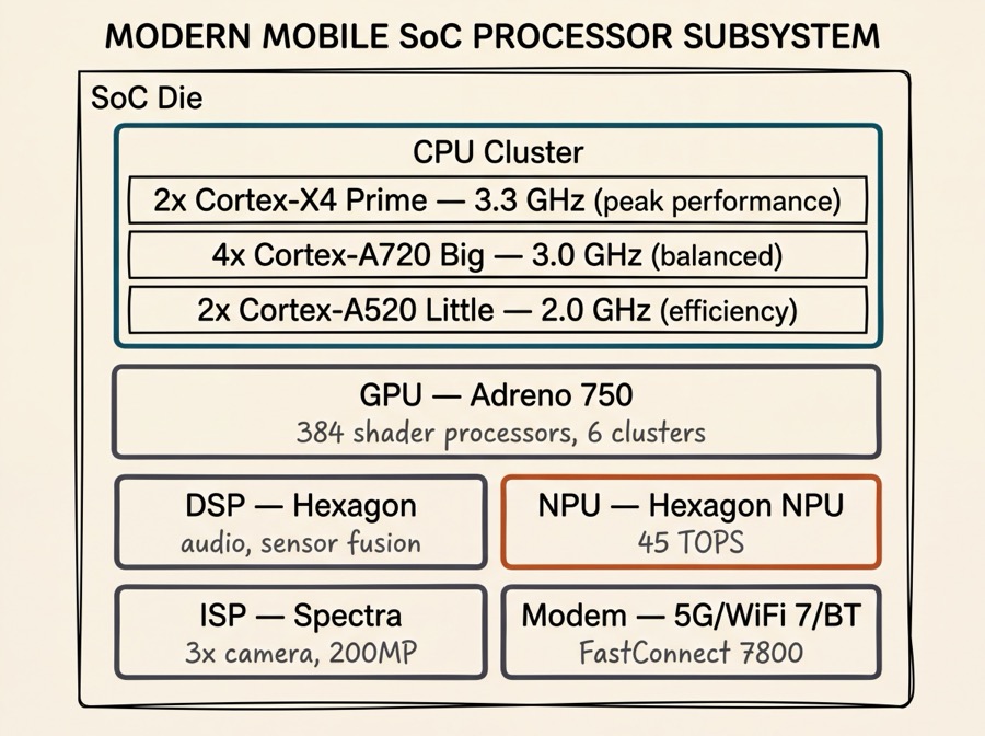 Modern mobile SoC processor subsystem showing the CPU cluster (prime, big and little cores), GPU, DSP, NPU, ISP and modem as distinct blocks on the die
