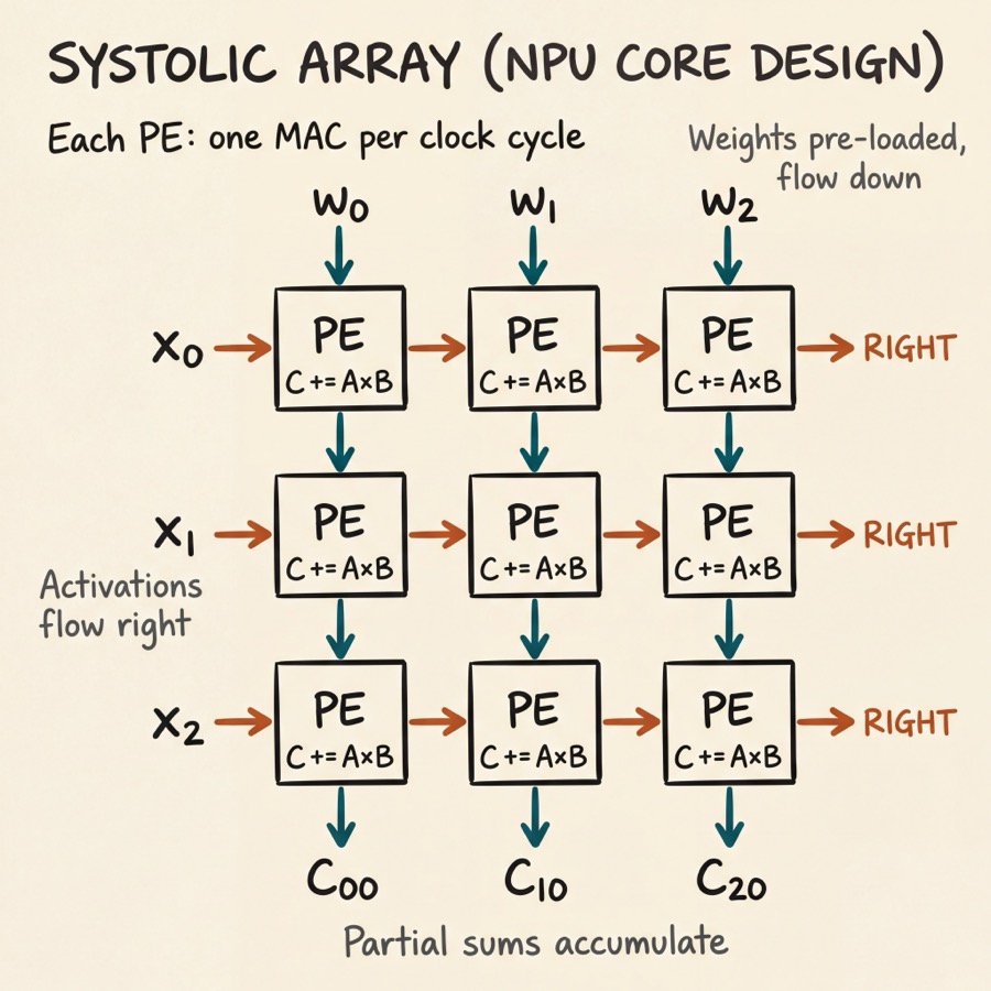 Systolic array architecture used in NPU designs: a grid of Processing Elements (PEs) where weights flow downward and activations flow rightward, each PE computing one MAC per clock cycle, with partial sums accumulating downward