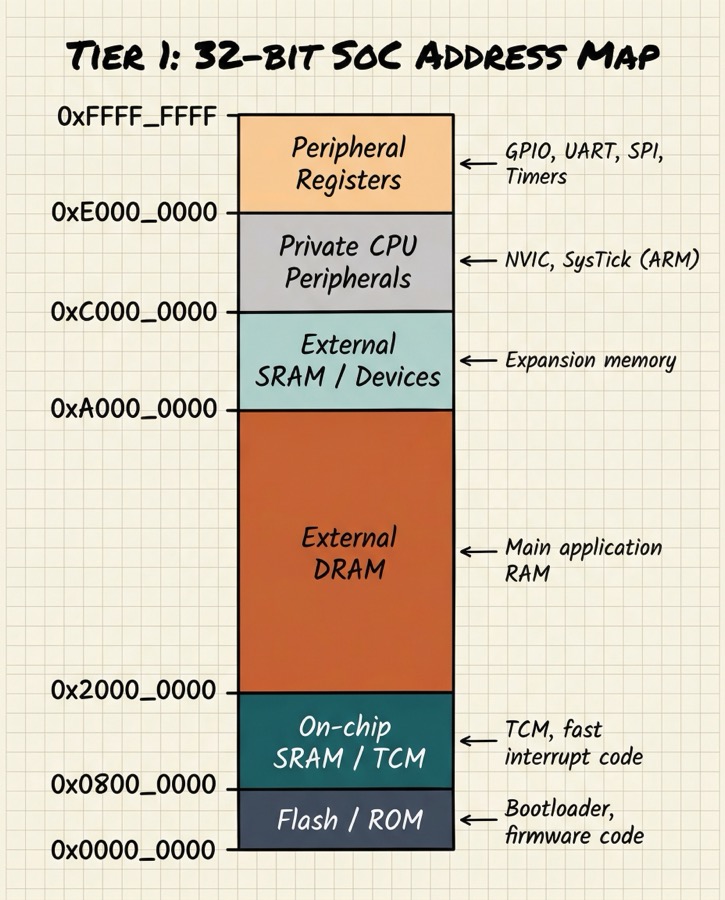 32-bit SoC address space layout showing peripheral registers, private CPU peripherals, external DRAM, on-chip SRAM, and flash ROM regions