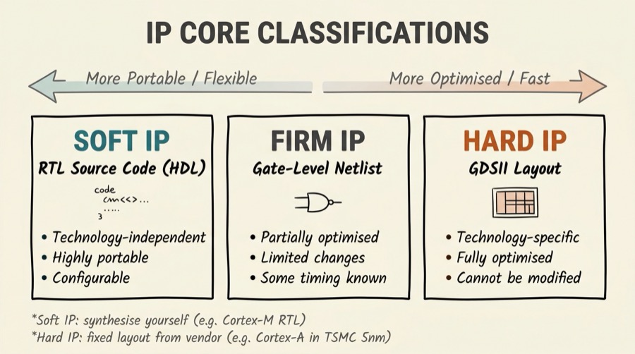 IP core classification spectrum from Soft IP (RTL source, portable) through Firm IP (netlist) to Hard IP (GDSII layout, fully optimised), with opposing arrows showing the portability vs optimisation trade-off