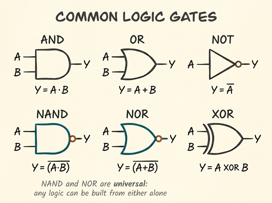 Six common logic gates: AND, OR, NOT, NAND, NOR, and XOR, drawn as hand-sketched IEEE symbols with Boolean equations. NAND and NOR highlighted in teal as universal gates.