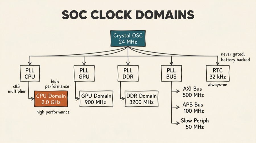 Clock domain tree showing crystal oscillator feeding multiple PLLs that fan out to CPU, GPU, DDR, AXI bus, APB peripherals, and always-on RTC domains at different frequencies