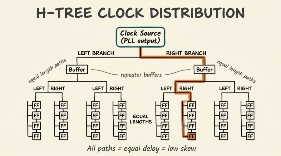 H-tree clock distribution showing equal-length paths from PLL output through hierarchical buffers to leaf flip-flops